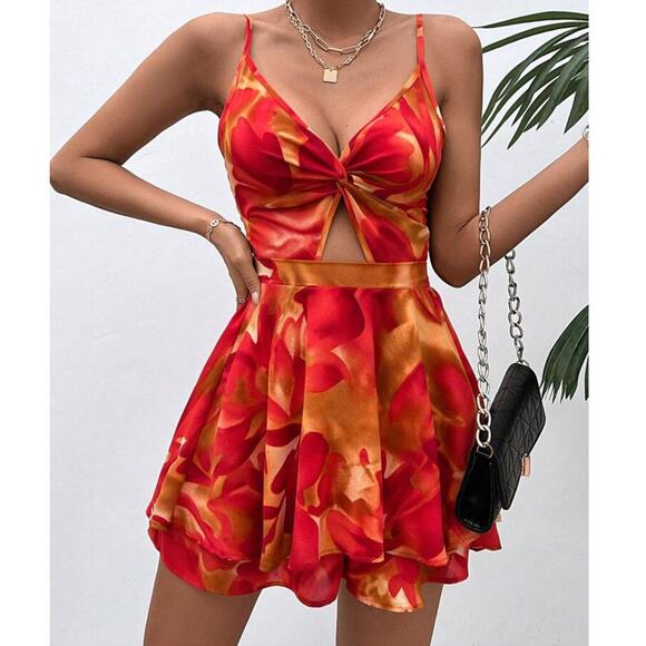 Shein Red Orange Floral Short Mini Dress Romper Medium Cut Out - Picture 3 of 11